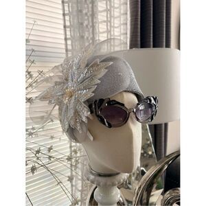 Embellished Asymmetrical Silver Straw Statement Fascinator Hat